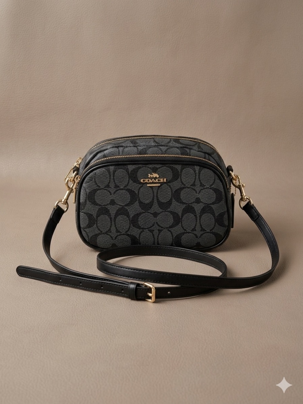 Coach Signature Charcoal Black Double Zip Crossbody Camera Bag